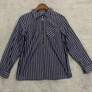Tommy Hilfiger PM Blue & White Striped Deep V-Neck Half-Zip Long Sleeve Shirt